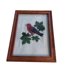 Hand Crafted American Songbird Cardinal Cross Stitch Wooden Frame Vtg